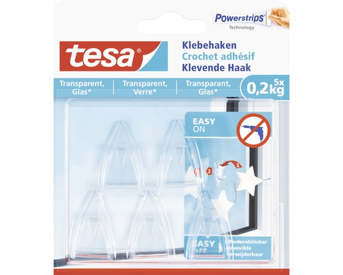 Tesa Klebehaken transparent Glas 5 Stück Traglast 5 x 0,2 kg