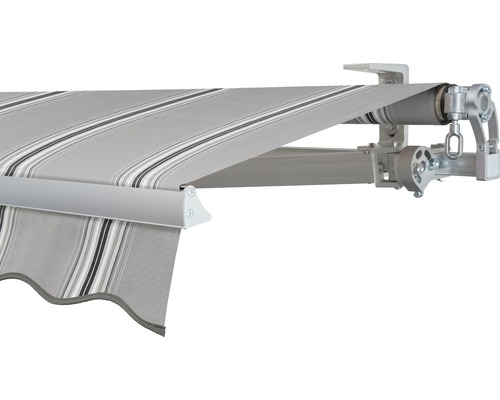 Store banne à bras articulé SOLUNA Concept 3x2 tissu dessin A131 châssis argent E6EV1 anodisé entraînement à droite avec manivelle