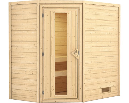Blockbohlensauna Woodfeeling Svea ohne Ofen und Dachkranz mit Holztür und Isolierglas wärmegedämmt