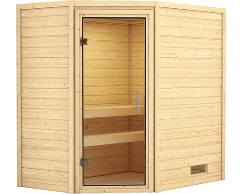 Sauna en madriers Woodfeeling Svea sans poêle ni couronne, avec porte entièrement vitrée en verre transparent