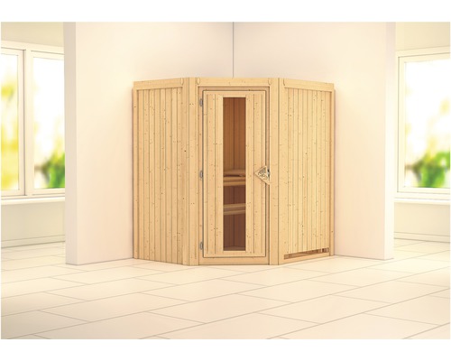 Sauna modulaire Karibu Maurin sans poêle ni couronne, avec porte en bois et verre isolé thermiquement