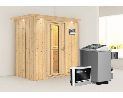 Sauna modulaire Karibu Mariado avec poêle 9 kW et commande externe, avec couronne et porte en bois avec verre isolé thermiquement-0