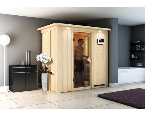 Sauna modulaire Karibu Mariado sans poêle, avec couronne et porte entièrement vitrée coloris bronze Sauna modulaire Karibu Mariado sans poêle, avec couronne et porte entièrement vitrée coloris bronze