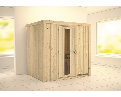 Sauna modulaire Karibu Bodina sans poêle ni couronne, avec porte en bois et verre isolé thermiquement