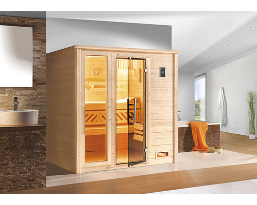 Sauna en bois massif Bergen GTF taille 3 avec poêle bio 7,5 kW et commande numérique, avec fenêtre et porte entièrement vitrée coloris graphite-0