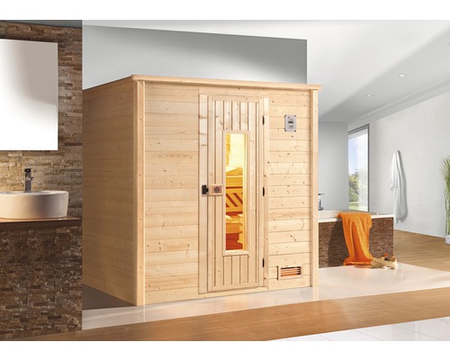 Sauna en bois massif Weka Bergen HT taille 3 avec poêle 7,5 kW et commande numérique, avec porte en bois et verre isolant thermiquement