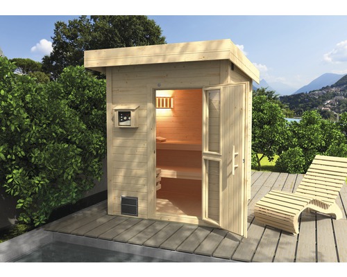 Chalet sauna Weka Naantali avec poêle 9 kW et commande externe, avec portes en bois et verre à isolation thermique-0