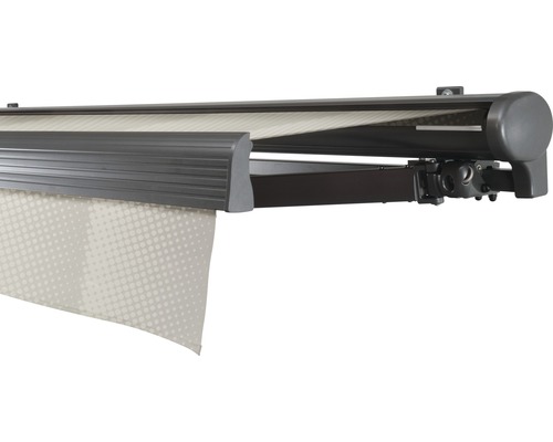 Store banne semi-coffre SOLUNA Comfort 2,5x2 tissu dessin J202 châssis DB703 gris foncé entraînement à droite avec manivelle