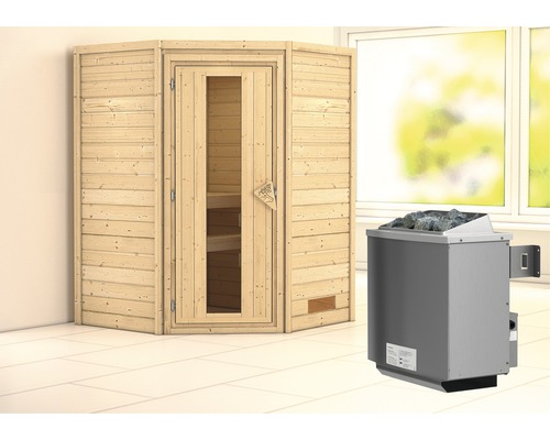 Sauna en madriers Woodfeeling Franka avec poêle 9 kW et commande intégrée sans couronne avec porte en bois et verre isolé thermiquement