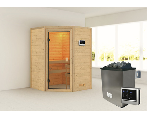 Sauna en madriers Woodfeeling Franka avec poêle 9 kW et commande externe sans couronne avec porte entièrement vitrée coloris bronze-0