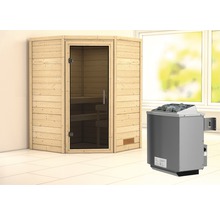 Sauna en madriers Woodfeeling Franka avec poêle 9 kW et commande intégrée sans couronne avec porte entièrement vitrée coloris graphite-thumb-0