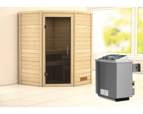 Sauna en madriers Woodfeeling Franka avec poêle 9 kW et commande intégrée sans couronne avec porte entièrement vitrée coloris graphite