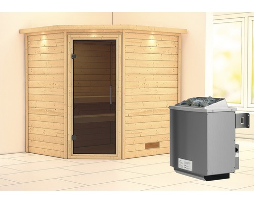 Sauna en madriers Woodfeeling Mia avec poêle 9 kW et commande intégrée avec couronne et porte entièrement vitrée coloris graphite