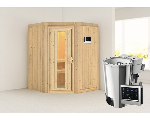 Plug & Play Sauna Karibu Kanja inkl. 3,6 kW Bio Ofen u.ext.Steuerung ohne Dachkranz mit Holztüre aus Isolierglas wärmegedämmt-0