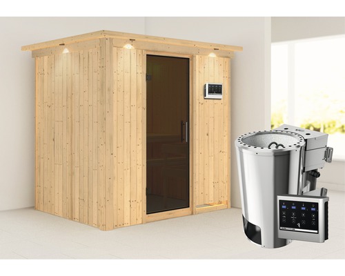Plug & Play Sauna Karibu Wanja inkl. 3,6 kW Bio Ofen u.ext.Steuerung mit Dachkranz und graphit farbiger Ganzglastüre-0