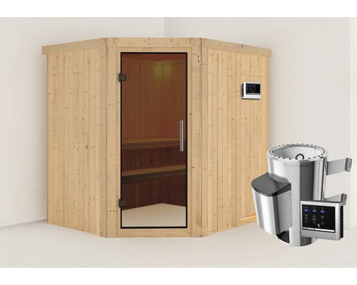 Sauna Plug & Play Karibu Silja avec poêle 3,6 kW et commande externe sans couronne, avec porte entièrement vitrée coloris graphite-0