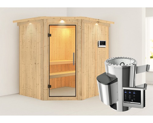 Sauna Plug & Play Karibu Achat VII avec poêle 3,6 kW et commande externe, avec couronne et porte entièrement vitrée transparente-0