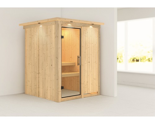 Sauna modulaire Karibu Norina sans poêle avec couronne et porte entièrement vitrée transparente