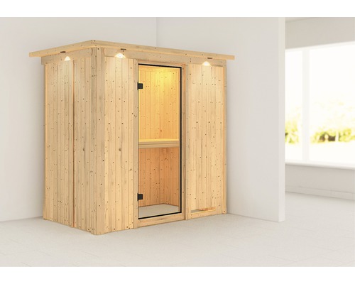 Sauna modulaire Karibu Mariado sans poêle avec couronne et porte entièrement vitrée transparente