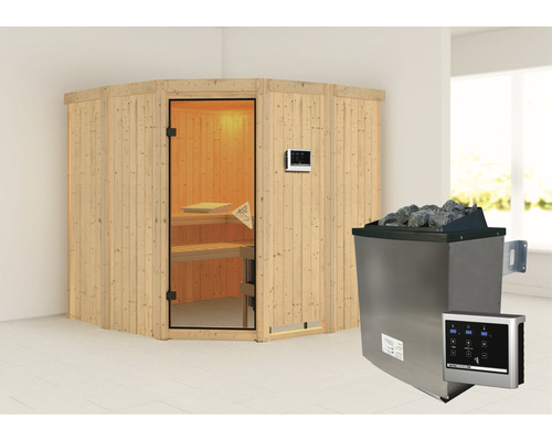 Sauna modulaire Karibu Soma I avec poêle 9 kW et commande externe, sans  couronne, avec porte vitrée coloris bronze - HORNBACH Luxembourg
