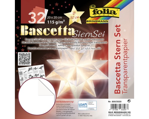 Kit pour étoile Bascetta, papier transparent 20x20 cm blanc
