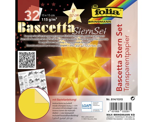 Kit pour étoile Bascetta, papier transparent 15x15 cm jaune