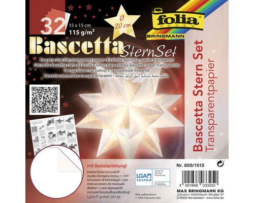 Kit pour étoile Bascetta, papier transparent 15x15 cm blanc