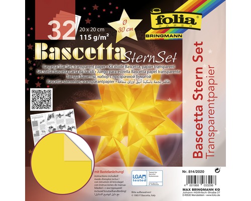 Kit pour étoile Bascetta, papier transparent 20x20 cm jaune