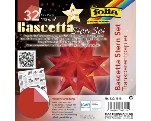 Kit pour étoile Bascetta, papier transparent 15x15 cm rouge