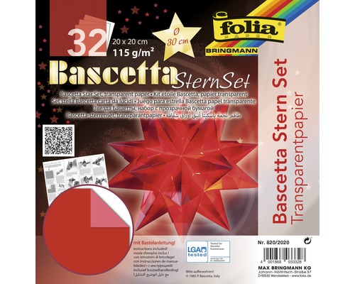 Kit pour étoile Bascetta, papier transparent 20x20 cm rouge