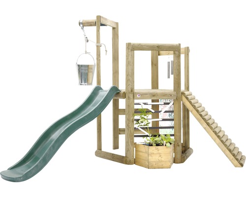 Tour de jeu plum Discovery avec échelle, rampe en bois, balustrade, seau et toboggan vert
