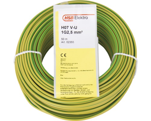 Conducteur H07V-U 1 x 2,5 mm 50 m vert/jaune