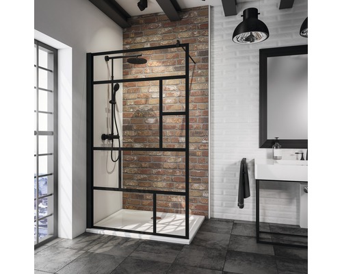 Paroi de douche à l'italienne Schulte Alexa Style 2.0 Black Style largeur 90 cm décor Atelier couleur du profilé noir Paroi de douche à l'italienne Schulte Alexa Style 2.0 Black Style largeur 90 cm décor Atelier couleur du profilé noir