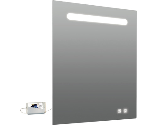 Miroir éclairé à LED Lina 60x80 cm IP 44 (protégé contre les corps étrangers et les projections d'eau) avec fonction anti-buée et double prise USB