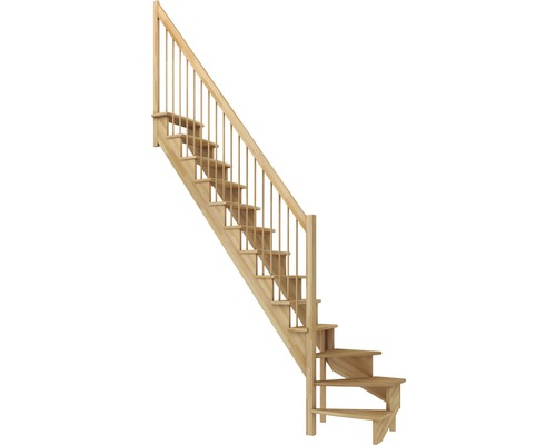 Escalier à crémaillère Pertura Filia hêtre brut 1/4 tournant en bas à gauche avec garde-corps en barres de bois l 65 cm