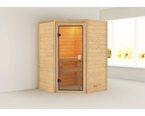 Sauna Plug & Play Woodfeeling Antonia avec poêle 3,6 kW et commande intégrée, sans couronne, avec porte entièrement vitrée couleur bronze Sauna Plug & Play Woodfeeling Antonia avec poêle 3,6 kW et commande intégrée, sans couronne, avec porte entièrement vitrée couleur bronze