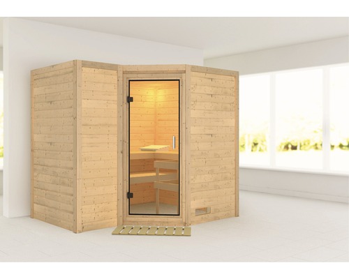 Sauna en bois massif Karibu Melanit 2 sans poêle ni couronne, avec porte entièrement vitrée en verre transparent