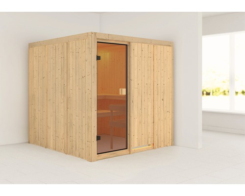 Sauna modulaire Woodfeeling Oulu sans poêle ni couronne, avec porte entièrement vitrée couleur bronze