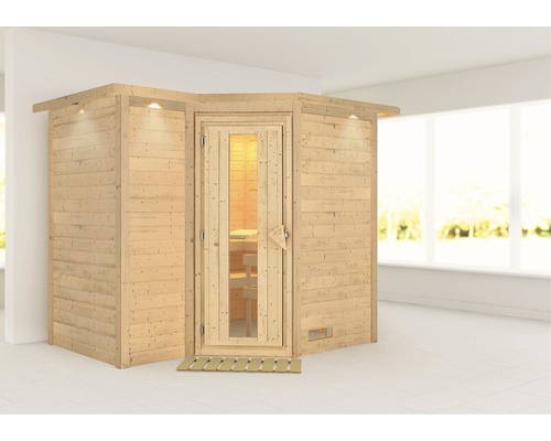 Sauna en bois massif Karibu Melanit 2 sans poêle, avec couronne et porte en bois avec verre à isolation thermique