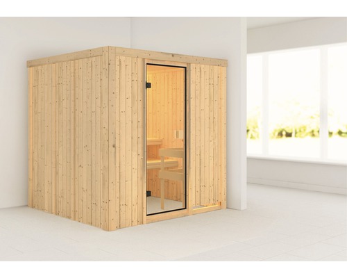 Sauna modulaire Woodfeeling Tromsö sans poêle ni couronne, avec porte entièrement vitrée couleur bronze