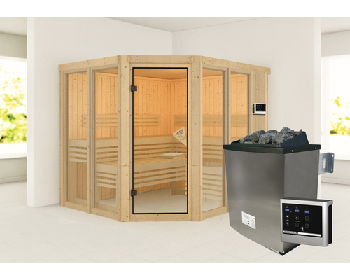 Sauna modulaire Karibu Mandos 3 avec poêle 9 kW et commande externe, sans couronne, avec porte entièrement vitrée couleur bronze-0