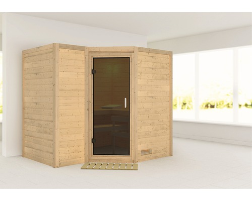 Sauna en bois massif Karibu Melanit 2 sans poêle ni couronne, avec porte entièrement vitrée couleur graphite