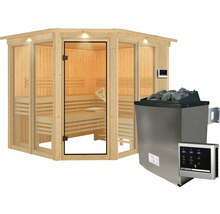 Sauna modulaire Karibu Mandos 3 avec poêle 9 kW et commande externe, avec couronne et porte entièrement vitrée couleur bronze-thumb-2