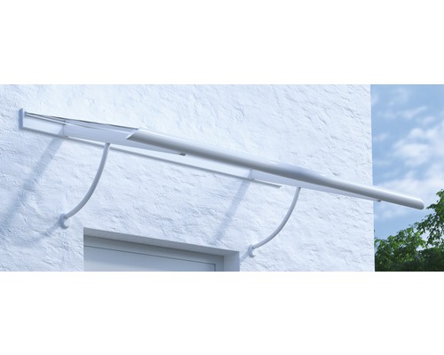 Vordach Pultform Paris VSG 150x75 cm weiß inkl. Konsole R und Regenrinne links geschlossen