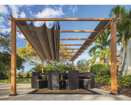 Pergola en aluminium, pavillon Florenz 11x16 avec voile d’ombrage réglable 350 x 505 cm aspect bois marron clair