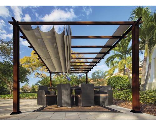 Pergola en aluminium, pavillon Florenz 11x16 avec voile d’ombrage réglable 350 x 505 cm Cocoa marron foncé