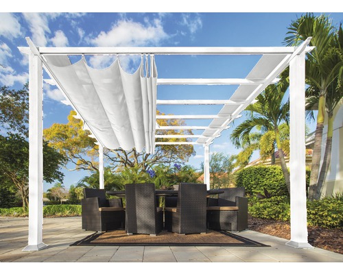 Pergola en aluminium, pavillon Florenz 11x16 avec voile d’ombrage réglable 350 x 505 cm blanc