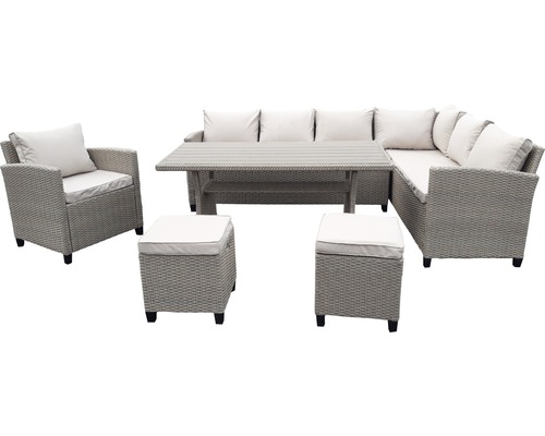 Ensemble de meubles de jardin Garden Place Madeira 6 places 6 pces avec table 145 x 75 x 67 cm avec plateau Polywood et galettes d'assise en rotin bicolore gris clair