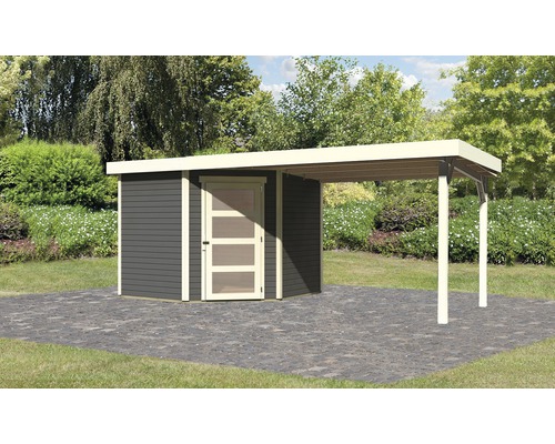 Abri de jardin Karibu Anvik 5 avec extension de toit de 2,8 m, panneau arrière 497 x 246 cm gris terre cuite-0