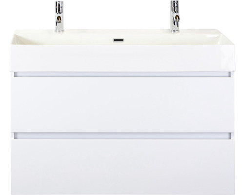 Ensemble de meubles de salle de bains Maxx XL 100 cm avec vasque en céramique 2 trous pour robinetterie blanc à haute brillance